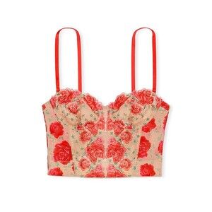 Victoria’s Secret Tomato Red Embroidered Illuminating Blooms Corset Bra 32DD